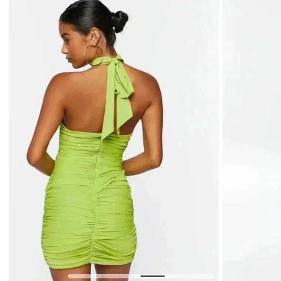 NWT Forever 21 Crisscross Halter Ruched Bodycon Mini Dress Lime Green Apple Sz S - Picture 5 of 13